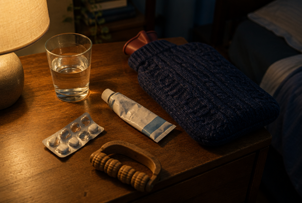 Wärmflasche, Salbe und Tabletten auf einem Nachttisch